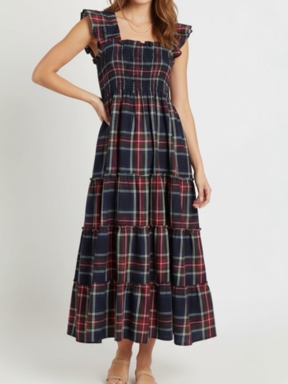 HILL HOUSE Ellie Nap Dress Navy Red Tartan Plaid Ruffle Midi Smocked Bodice XS